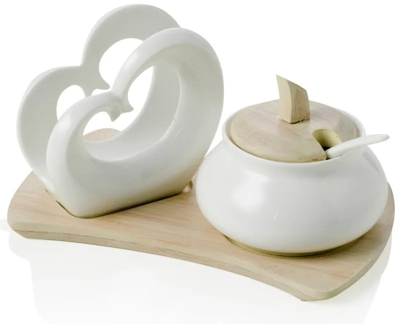 Zestaw cukiernicy i serwetnika z porcelany i bambusu Brandani Double Heart