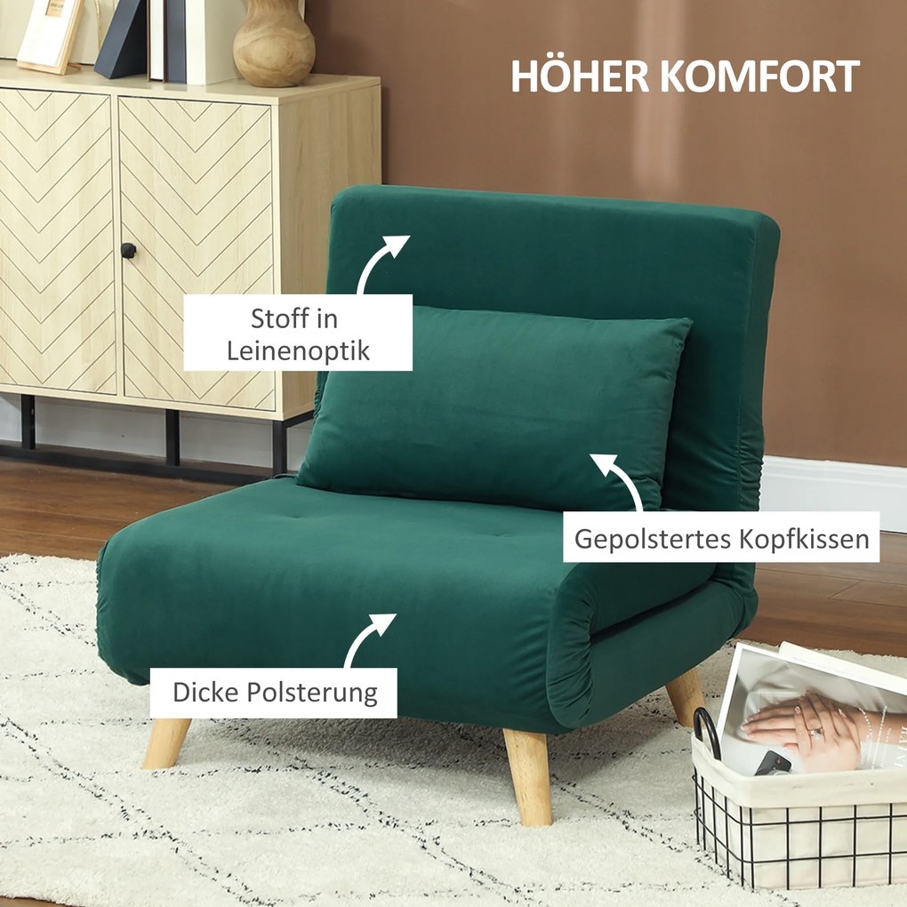 HOMCOM składany fotel z funkcją spania z poduszką, w aksamitnym wykończeniu regulowane oparcie do 120 kg 72x78x79 cm ciemnozielony | Aosom PL