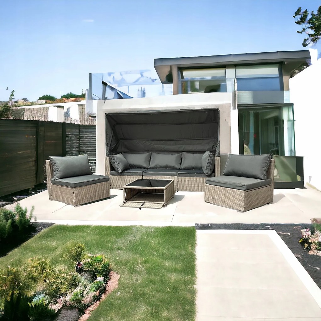 Wielofunkcyjny zestaw mebli ogrodowych - narożnik, leżanka z daszkiem Galicja 101 beż, poduszki szare