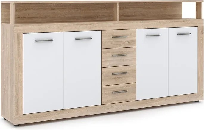 Komoda Czterodrzwiowa z Szufladami BLAGO 190 cm Dąb Sonoma/Biała Nowoczesna