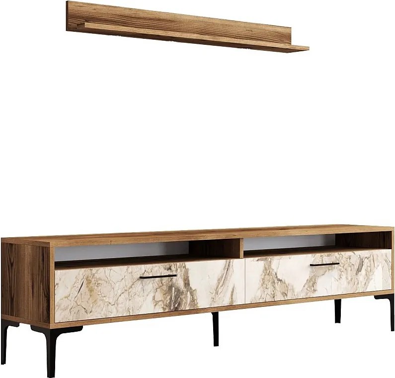 Nowoczesna szafka pod TV – 180 x 47 x 35 cm – orzech i biel – melamina