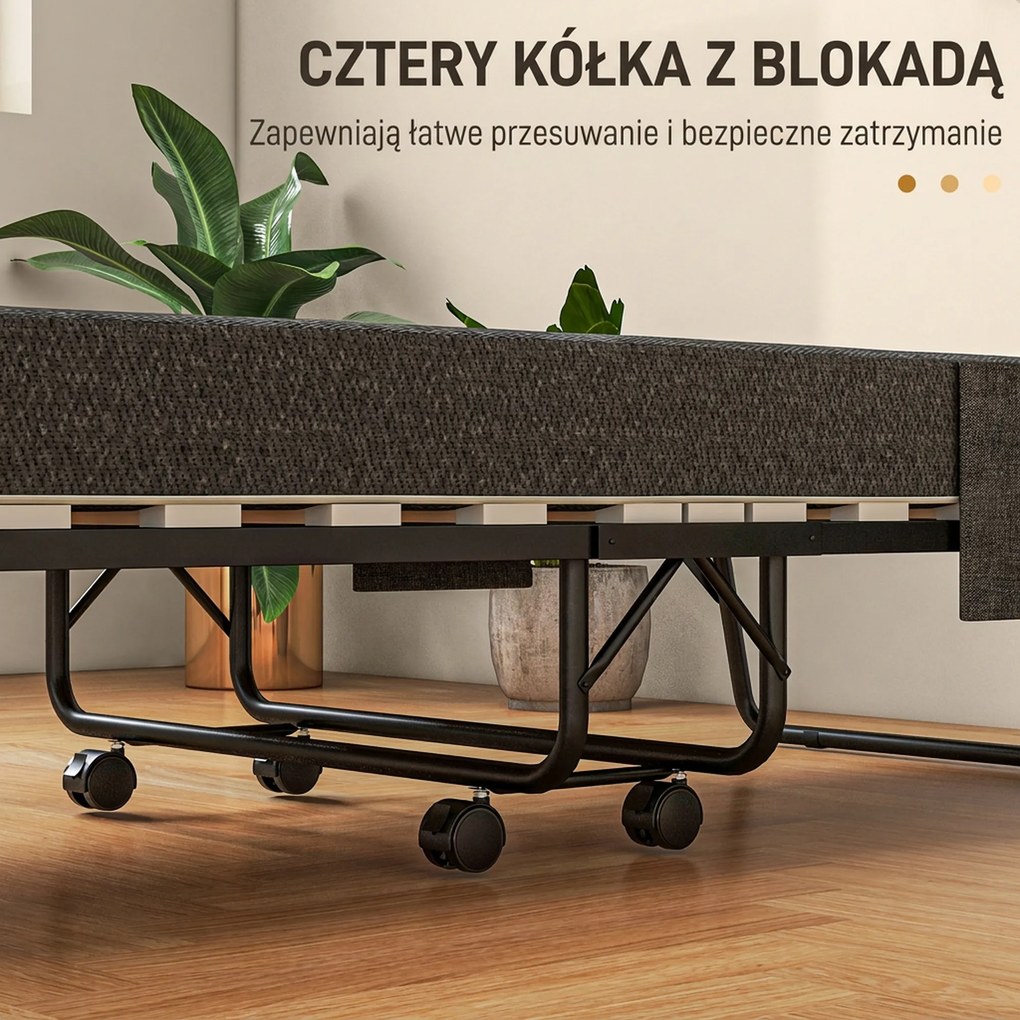 HOMCOM Łóżko Składane, Materac, 4 Koła, Stelaż Metalowy, do 150 kg, 190 x 80 x 42 cm, Ciemnoszary