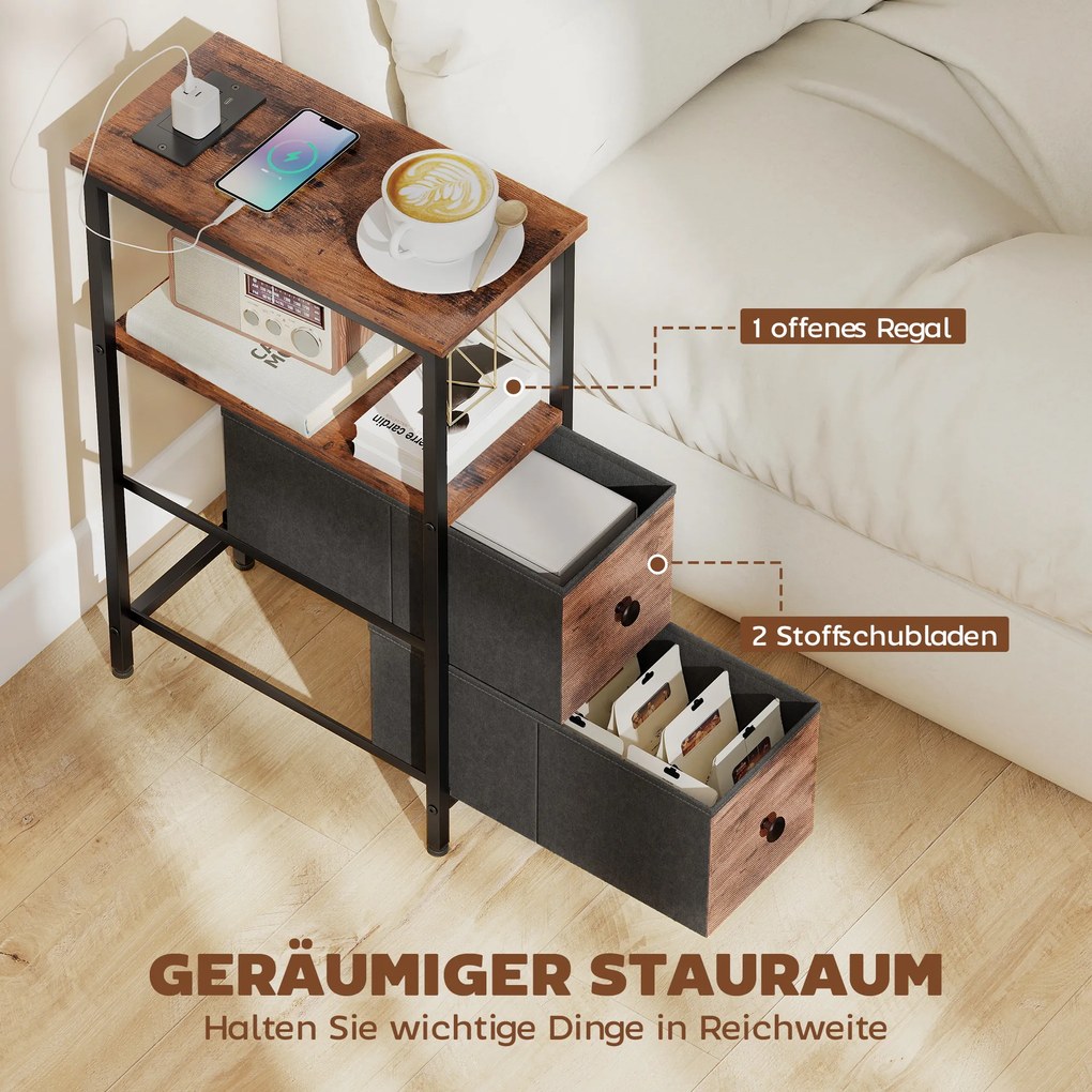 HOMCOM Stolik kawowy/stolik boczny ze stacją ładującą, stalowa rama, 2 szuflady z tkaniny, otwarta półka, 20cm x 40cm x 63cm, Rustykalny brąz | Aosom PL