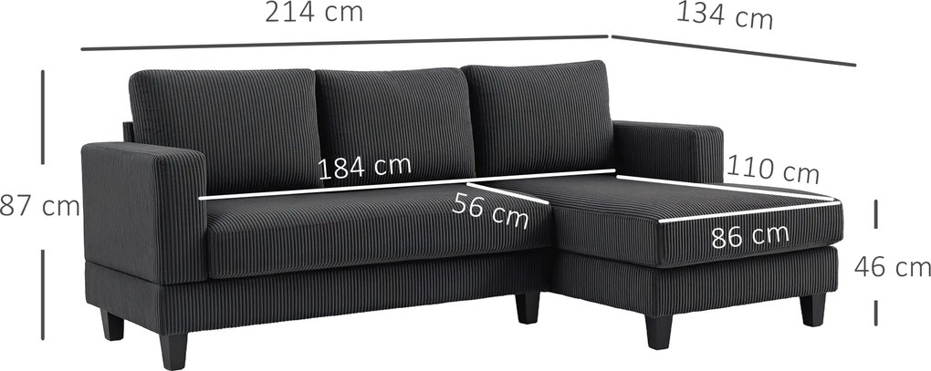 HOMCOM Narożnik L-fomowy trzyosobowy z szezlongiem, konstrukcja z drewna, 8 nóg, obicie z kordu, pikowana pianka, Szary