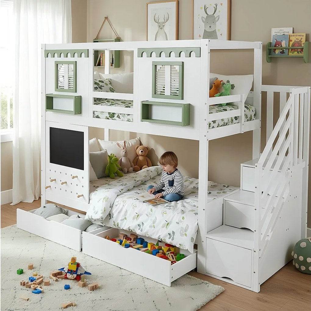 Łóżko piętrowe dla dzieci - 2 x 90 x 200 cm - z 2 szufladami + drabinką - sosna + MDF - biało-zielone