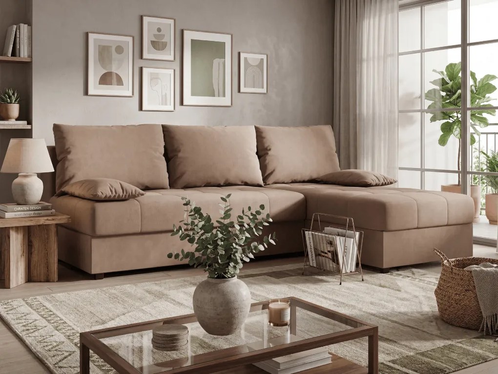 Rozkładana narożna sofa VENORIA SLIM 200x143 cm, beżowa, uniwersalna + 2 poduszki GRATIS