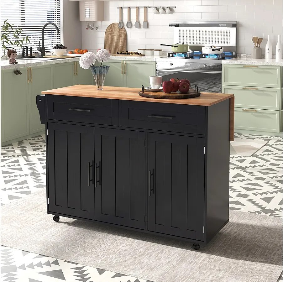 Czarny wózek - wyspa kuchenna z 2 drzwiami i 2 szuflady - wieszak na ręczniki i 5 kółek - wysuwana tacka