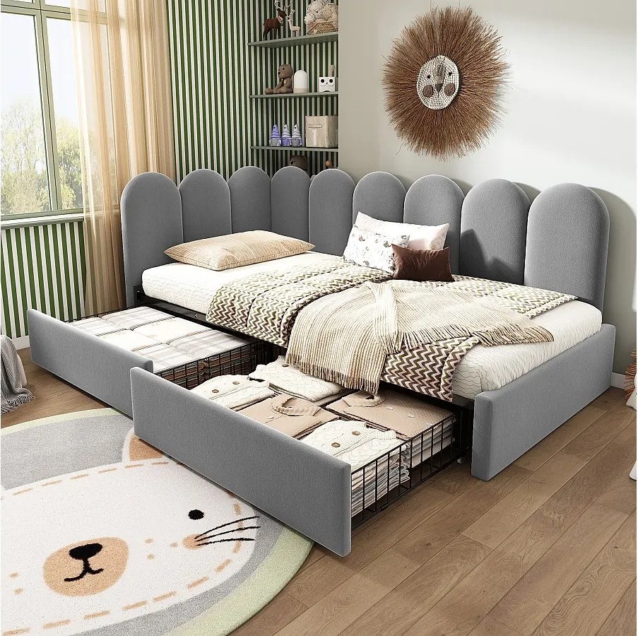 Łóżko tapicerowane dla dzieci z pojemnikiem - 90 x 190 cm - z 2 szufladami + stelaż - sofa rozkładana - welur - szary