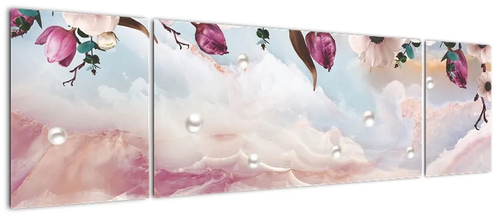 Obraz różowych kwiatów z różowym marmurem (170x50 cm)