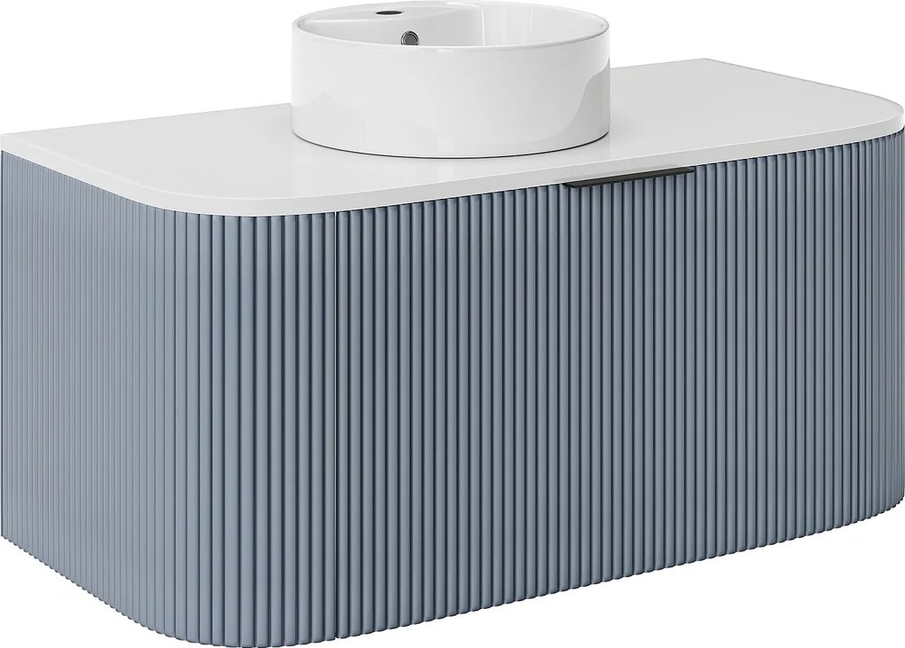 Szafka łazienkowa wisząca  ryflowana z umywalką nablatową - Niebieski mat - 100 cm - LOMERI