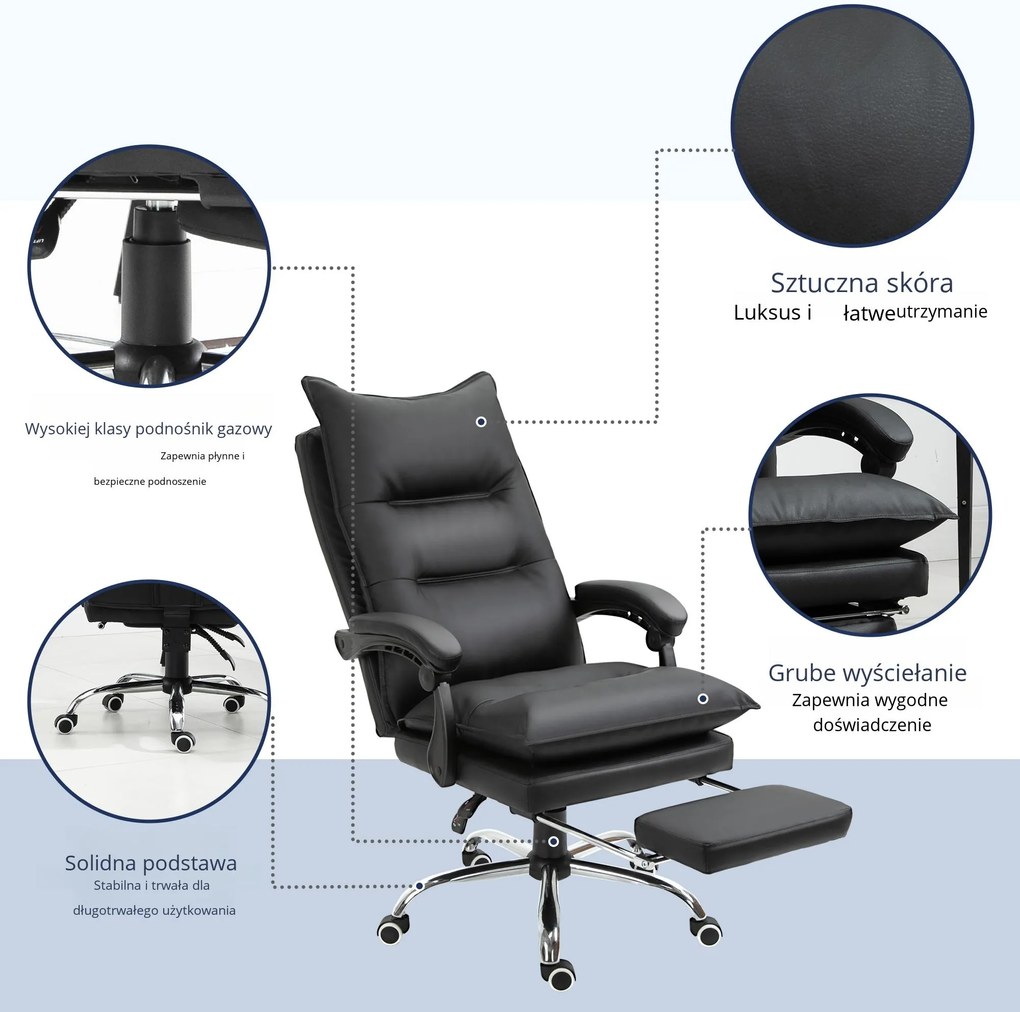 Vinsetto Krzesło biurowe z podnóżkiem ergonomiczne oparcie czarne ze sztucznej skóry | Aosom PL