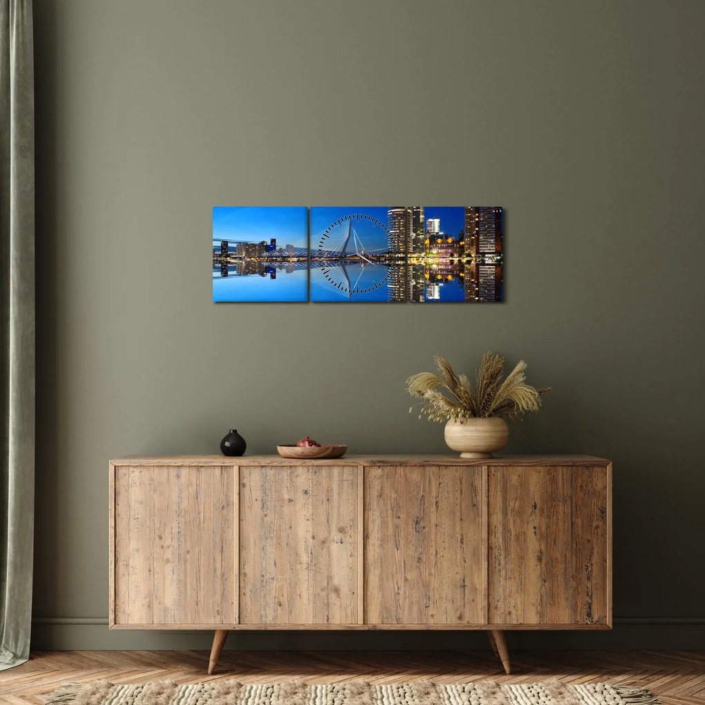 Obraz - Rotterdam nocą (z zegarem) (90x30 cm)
