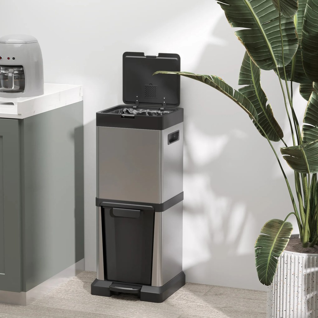 HOMCOM Kosz na śmieci 20+14L z pokrywą, pedałem nożnym, uchylną komorą i wyjmowanymi wewnętrznymi pojemnikami, stal nierdzewna, 32,5 x 31,5 x 78 cm, srebrny | Aosom PL