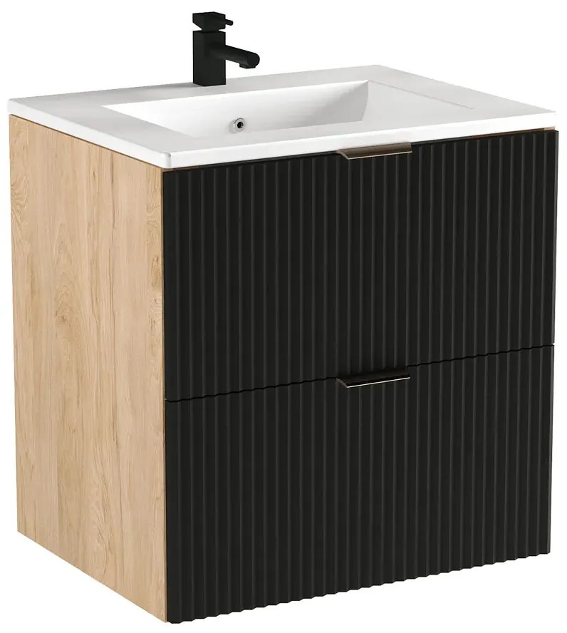 Umywalka z ryflowaną szafką ścienną czarny + orzech M5-E25