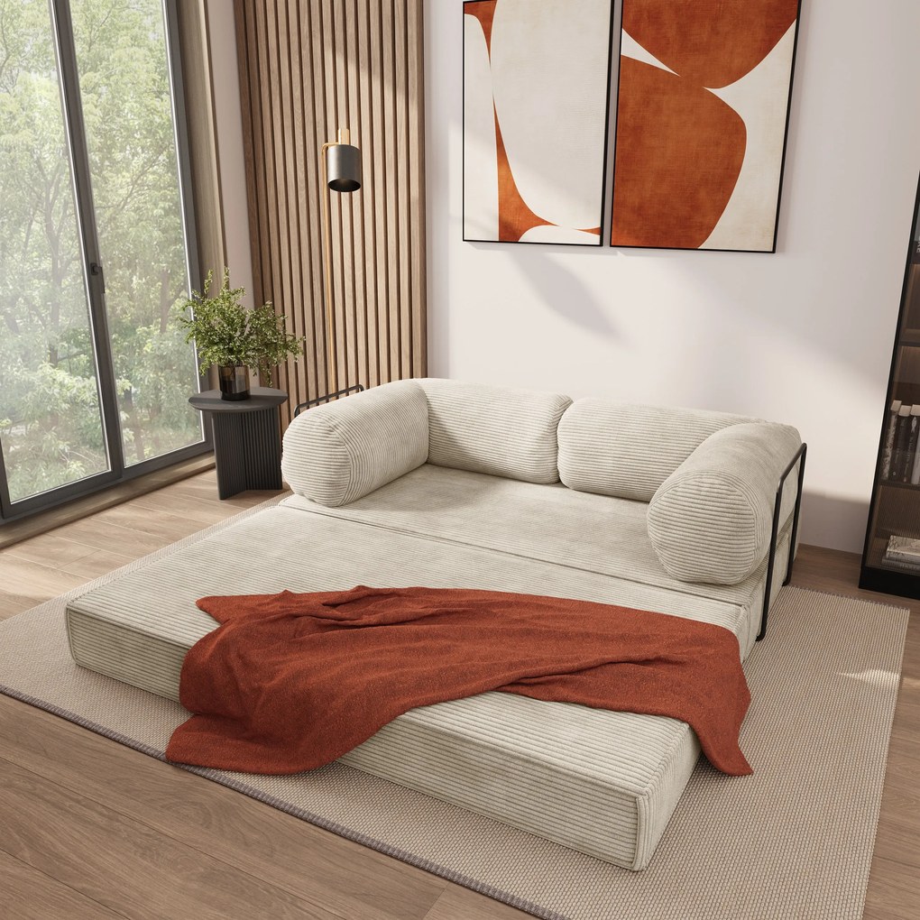 Masseno Sofa piankowa ALVIO z funkcją spania, Kanapa z pianki do salonu, Bezmontażowa, Tkanina sztruksowa – Kremowy POSO 100