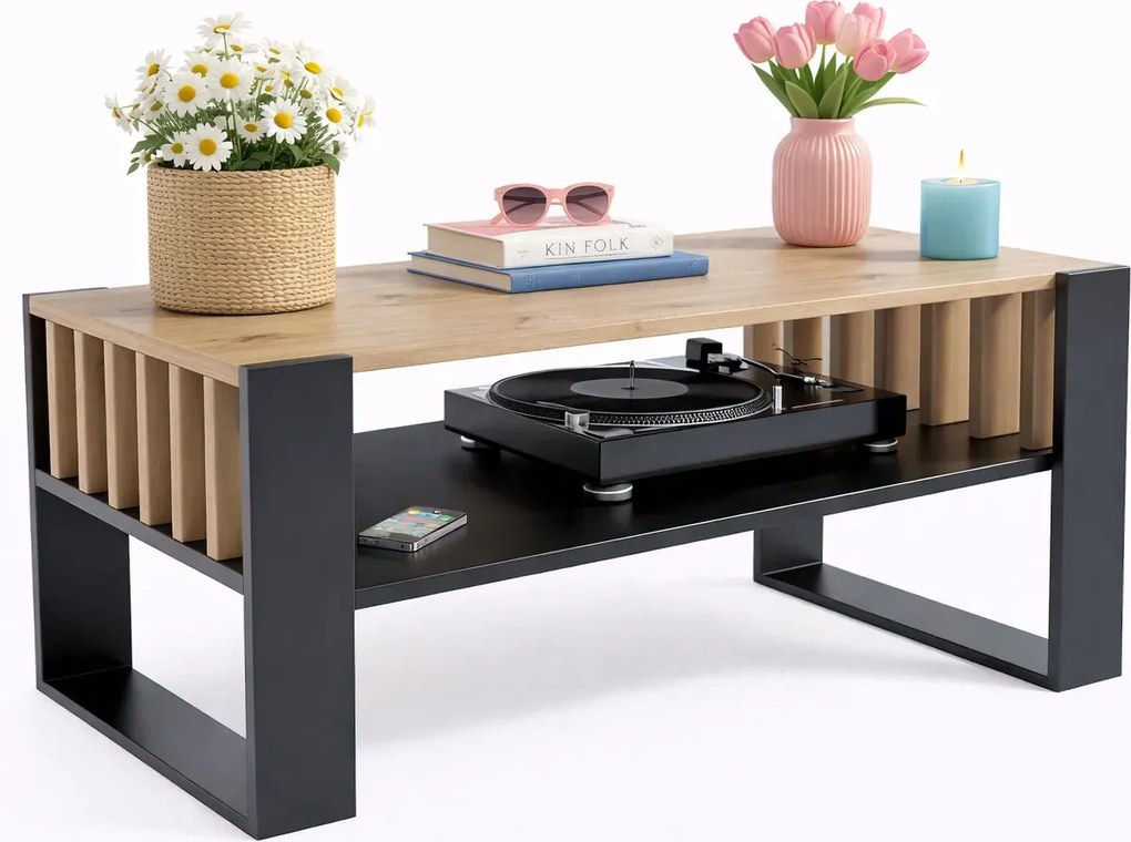 Stolik Kawowy Nowoczesny Czarny Z Lamelami + Dąb 200 X 170 Cm H8-P69