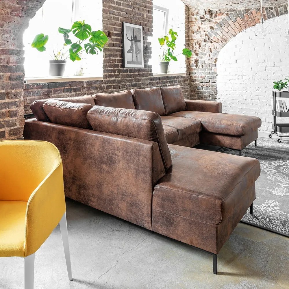 Brązowa rozkładana sofa w kształcie litery "U" z imitacji skóry Miuform Lofty Lilly Vintage, lewostronna