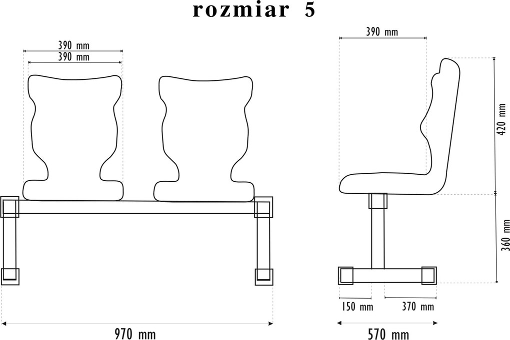 Zestaw siedziskowy - ławka szkolna na korytarz Bench 2-osobowa, rozmiar 4-6, podstawa czarna