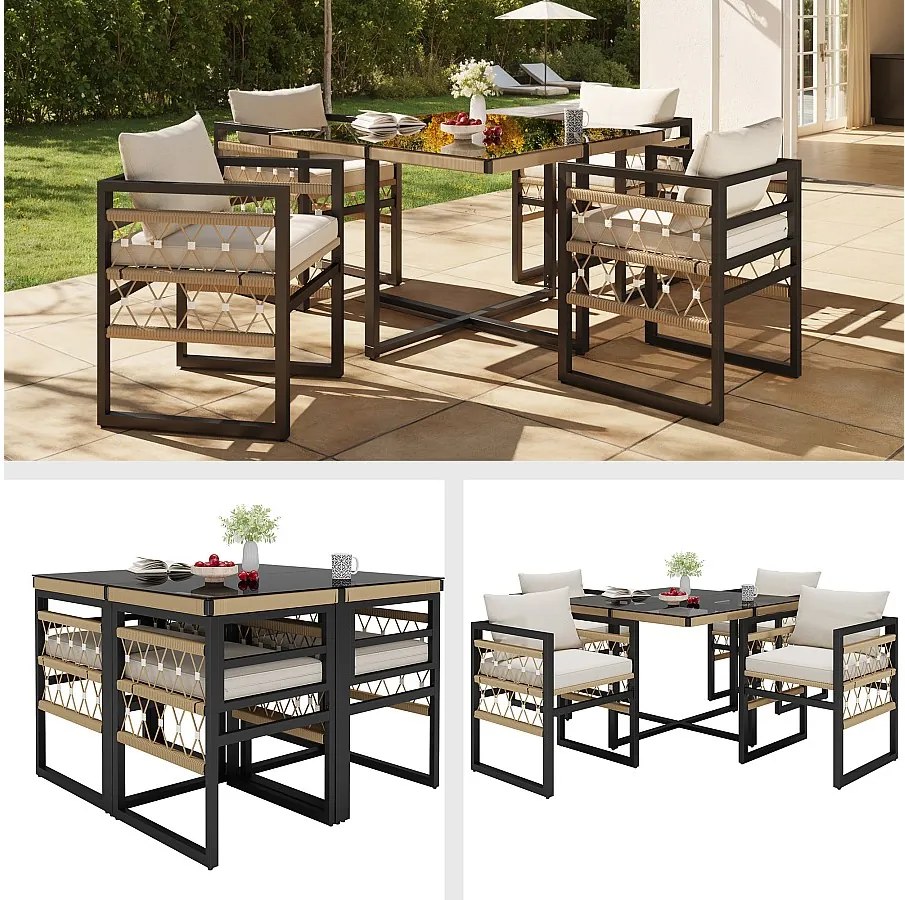 Zestaw wypoczynkowy ogrodowy 4-osobowy, tkany ręcznie - z 4 poduszkami + 1 stolik + 4 fotele - metalowy - beżowy + czarny