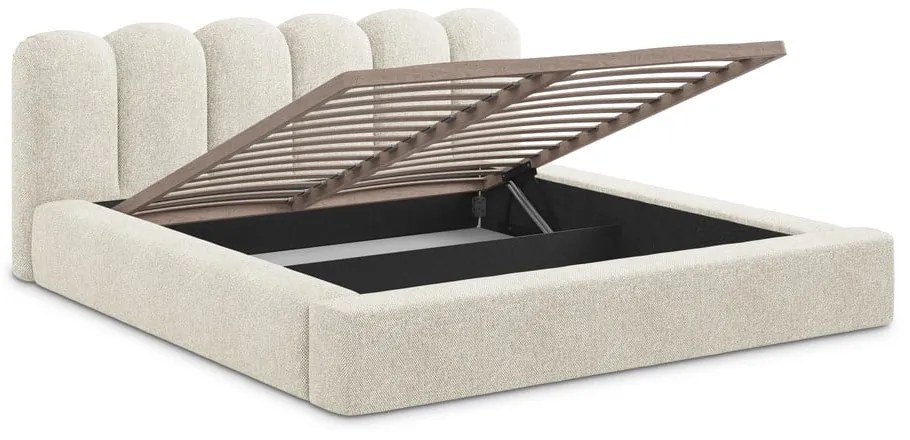 Beżowe tapicerowane łóżko dwuosobowe ze schowkiem i stelażem 180x200 cm Mano – Makamii