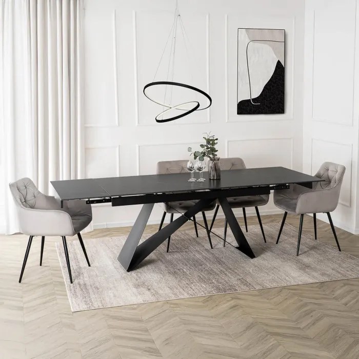 Zestaw Stół Prostokątny Rozkładany VICTOR 160-240 cm Czarny Marmur i 4 Krzesła MODESTO Szare Welurowe Nowoczesne