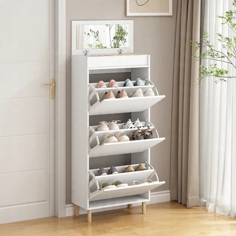 Biała szafka na buty z lustrem i miejscem do przechowywania w stylu loftowym, pionowa półka do przedpokoju 55 cm