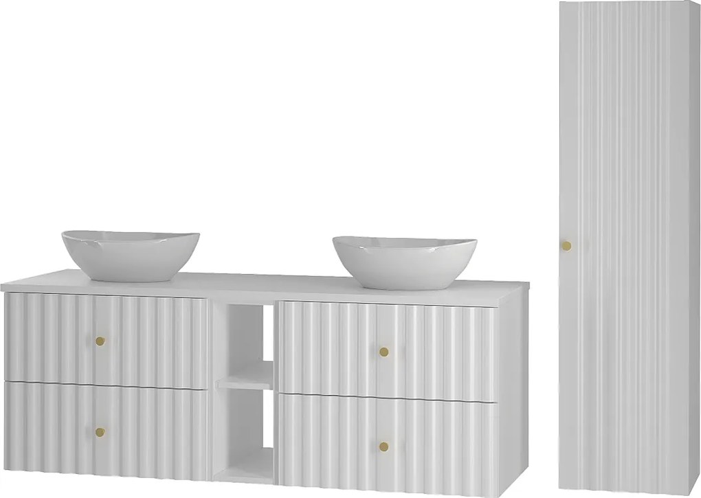 Biały Zestaw Łazienkowy 140cm Szafka z Blatem Umywalka Regał Słupek Ryflowane Fronty Aqua