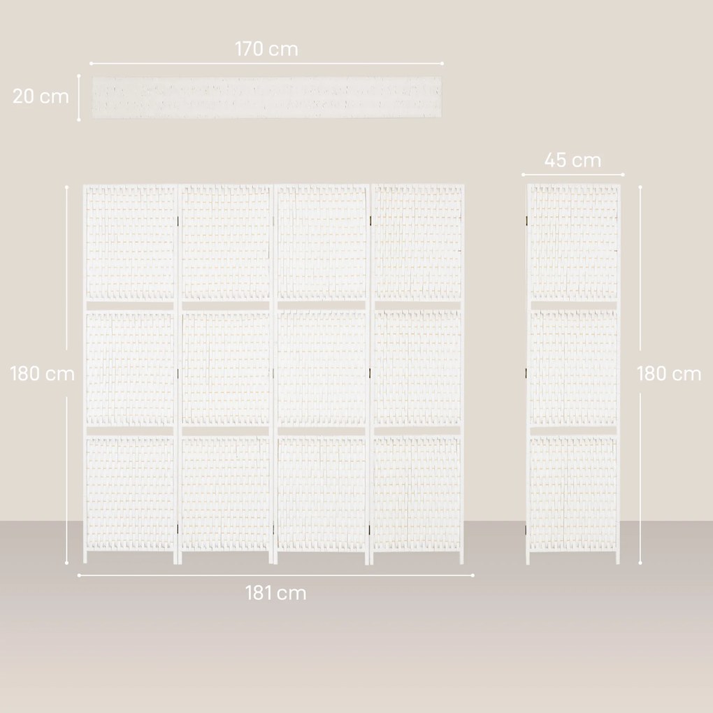HOMCOM Parawan 4-częściowy 181 x 180 cm, Składany, z 2 półkami wykonany z drewna sosnowego i bambusa, do sypialni, biały | Aosom PL