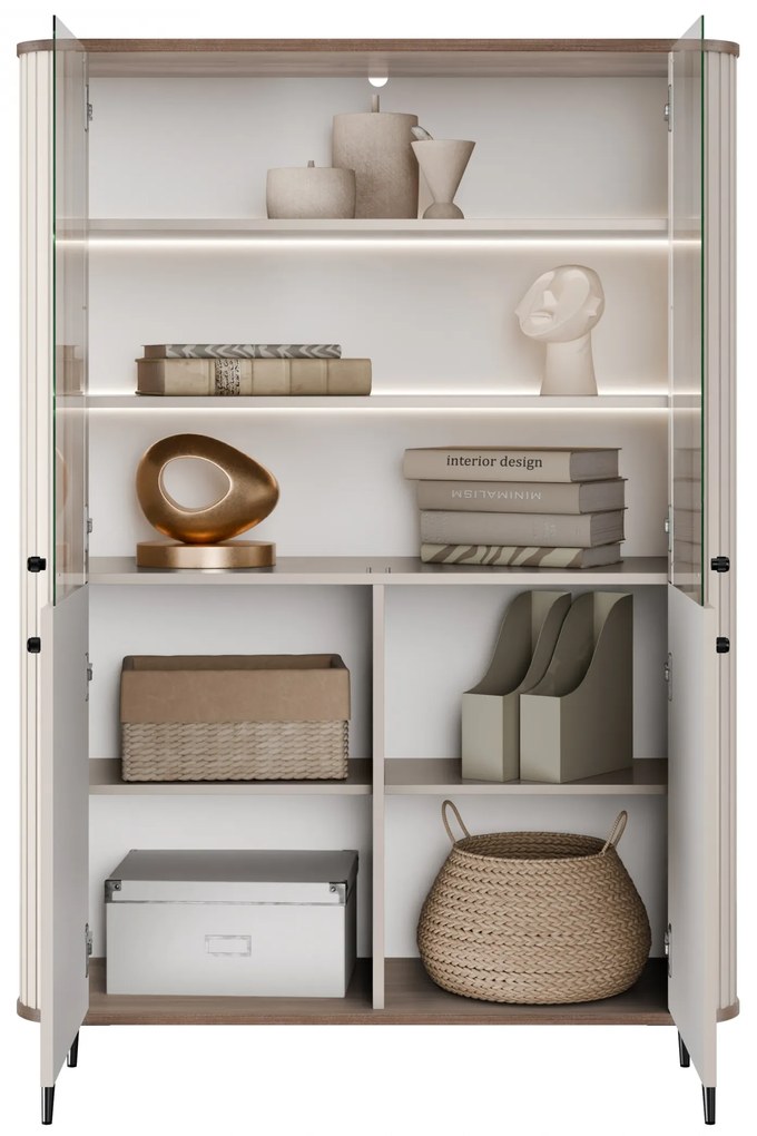 Witryna Vesper 103 cm czterodrzwiowa - kaszmir / orzech / czarne nogi