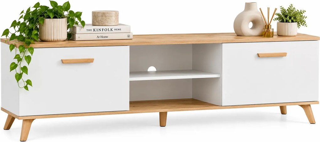 Skandynawska szafka pod telewizor na nóżkach biały + dąb artisan D6-M25