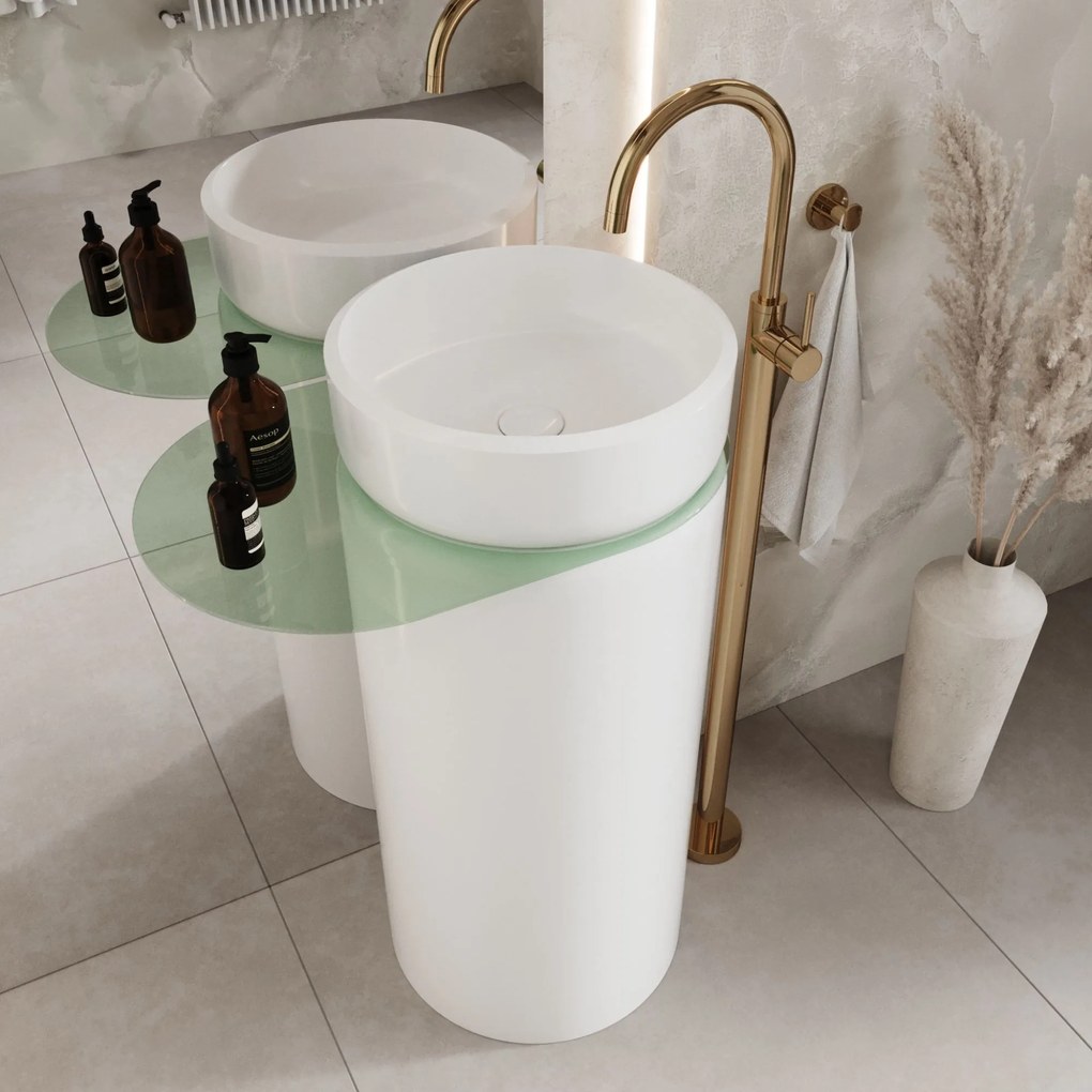 Umywalka z konglomeratu wolnostojąca okrągła z półką szklaną 85 x 40 cm RONA bez przelewu | Różne kolory półki : Kolor szkła - Zielony, Kolor umywalki RONA - Biały połysk, Półka - Szklana