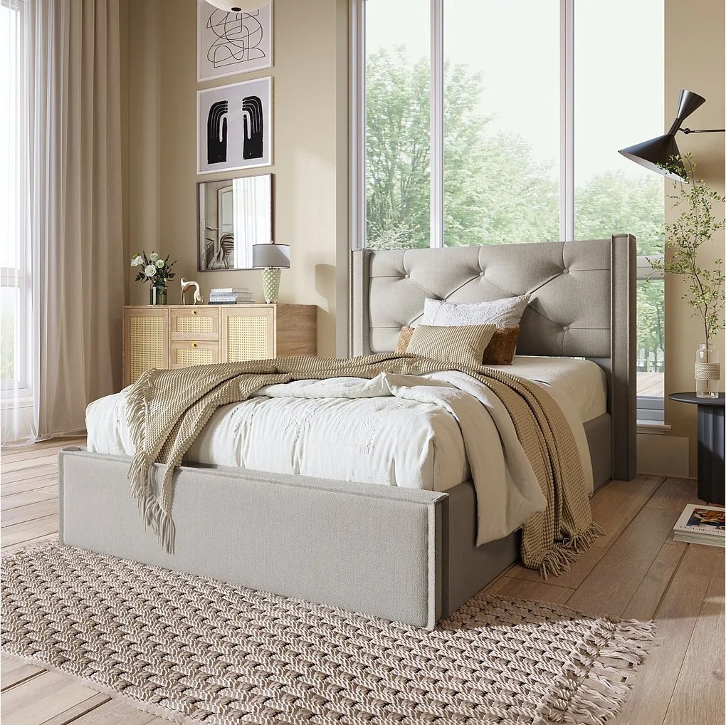 Łóżko z pojemnikiem 90x200 cm - Tapicerowane łóżko z ramą z listew - Jasnoszara bawełna - Bez materaca