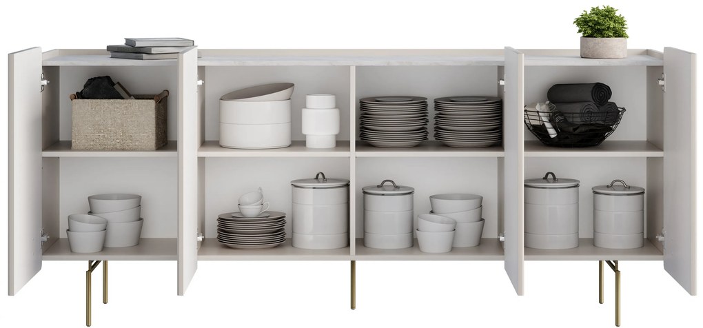 Komoda Malmi 200 cm czterodrzwiowa - kaszmir / crema bianca / złote nóżki