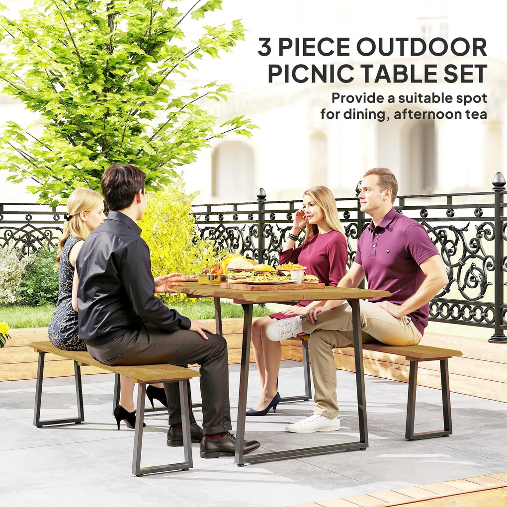 Outsunny Zestaw mebli ogrodowych 3-częściowy, Stół z ławkami dla 6 osób, z otworem na parasol, 178 x 76 x 77 cm, Naturalny