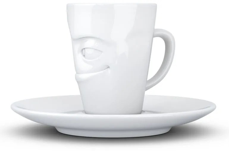 Biała uśmiechnięta porcelanowa filiżanka do espresso ze spodkiem 58products, 80 ml