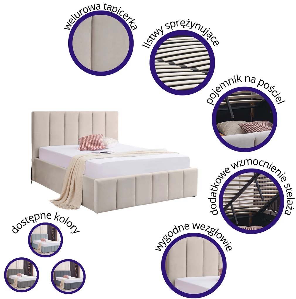 Łóżko Tapicerowane ecru, wanilia stelaż, pojemnik na pościel 140x200 Ecru PRATO