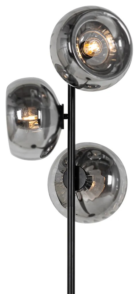 Lampa podłogowa art deco czarna z przydymionym szkłem 3-światła - Ayesha ArtDeco Oswietlenie wewnetrzne