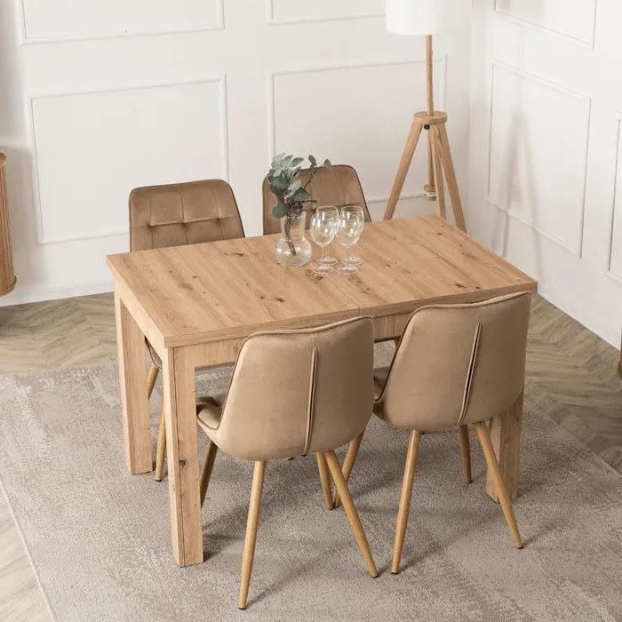 Zestaw Stół Prostokątny Rozkładany SKUBI 120-160 cm Dąb Artisan i 4 Krzesła Tapicerowane RODRI Beżowe