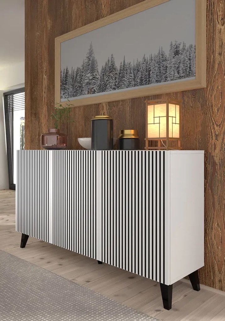 Biało-czarna komoda z lamelami 150 cm - Melis 6X