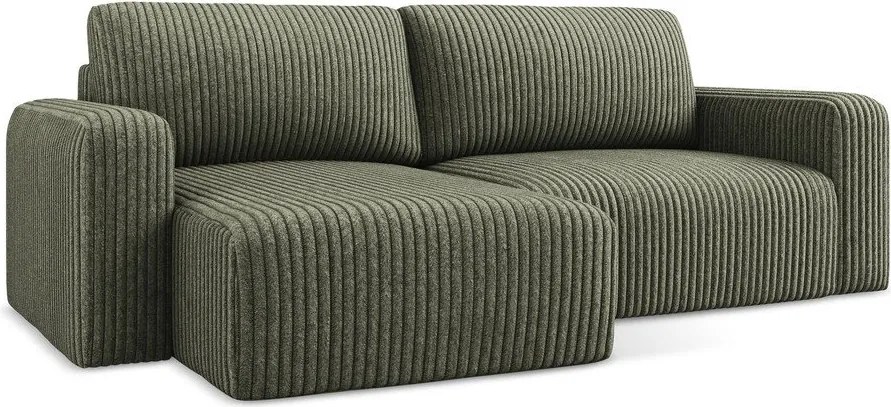 Zielony sztruksowy rozkładany/ze schowkiem narożnik (lewostronny/z szezlongiem) Kona – Makamii