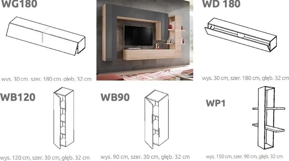 Meblościanka loft wisząca Briks Set 8 buk artisan/szary połysk