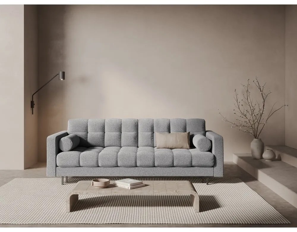 Jasnoszara rozkładana sofa ze schowkiem z materiału bouclé 222 cm Bali – Cosmopolitan Design