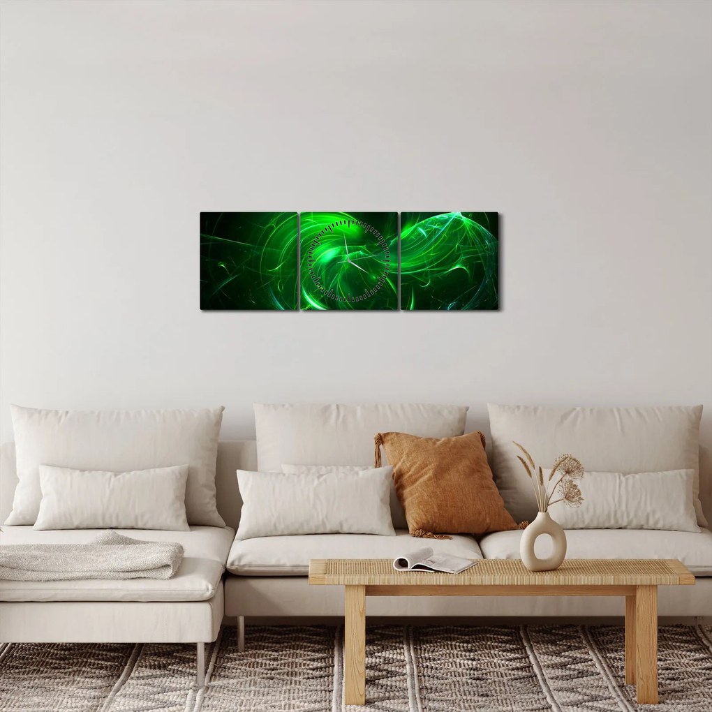 Obraz - zielona abstrakcja (z zegarem) (90x30 cm)