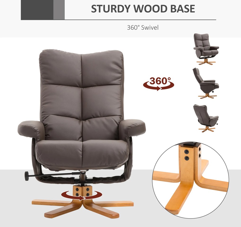 HOMCOM Fotel relaksacyjny TV z funkcją obrotu 360° i podnóżkiem Rozkładany Brązowy Drewniana rama 80x86x99cm | Aosom PL