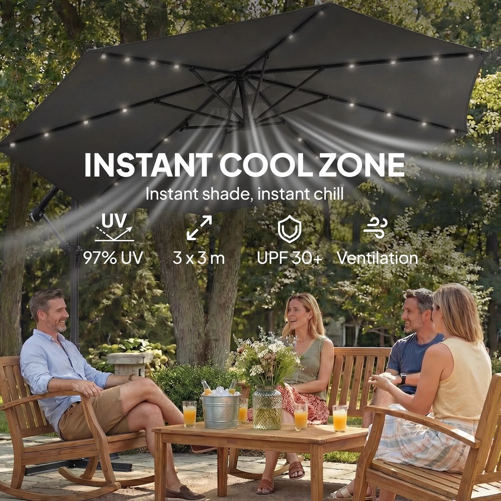 Outsunny Parasol ogrodowy LED Solar Ø300 cm, obrotowy z korbą, stojakiem i pokrowcem, ciemnoszary | Aosom PL