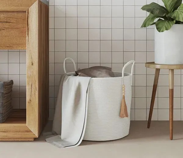 Biały bawełniany kosz na pranie w stylu boho B8-S12