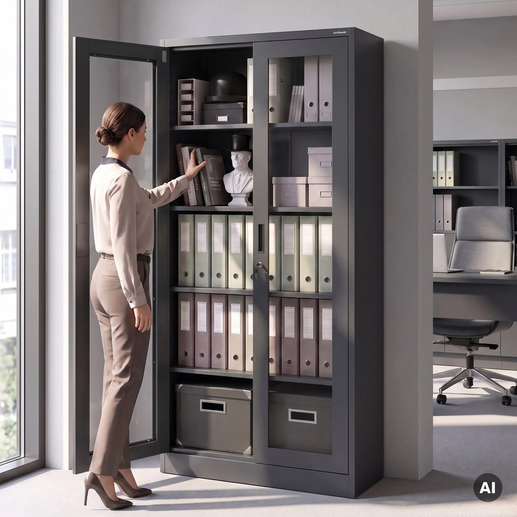 Witryna przeszklona metalowa wysoka z zamkiem antracytowa, 900x1850x400 mm: AMELIA