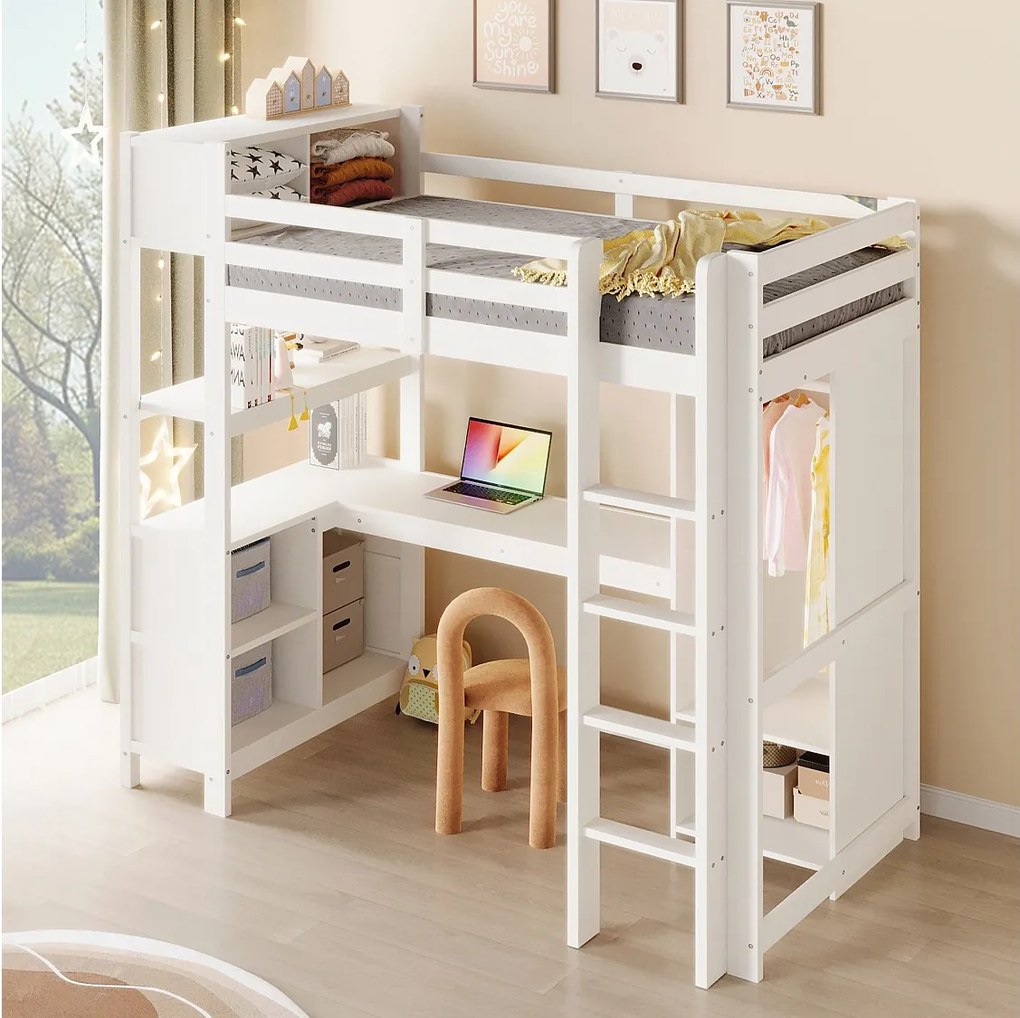 Łóżko piętrowe dla dzieci - 90 x 200 cm - z półkami + biurko + szafa - drewno - białe
