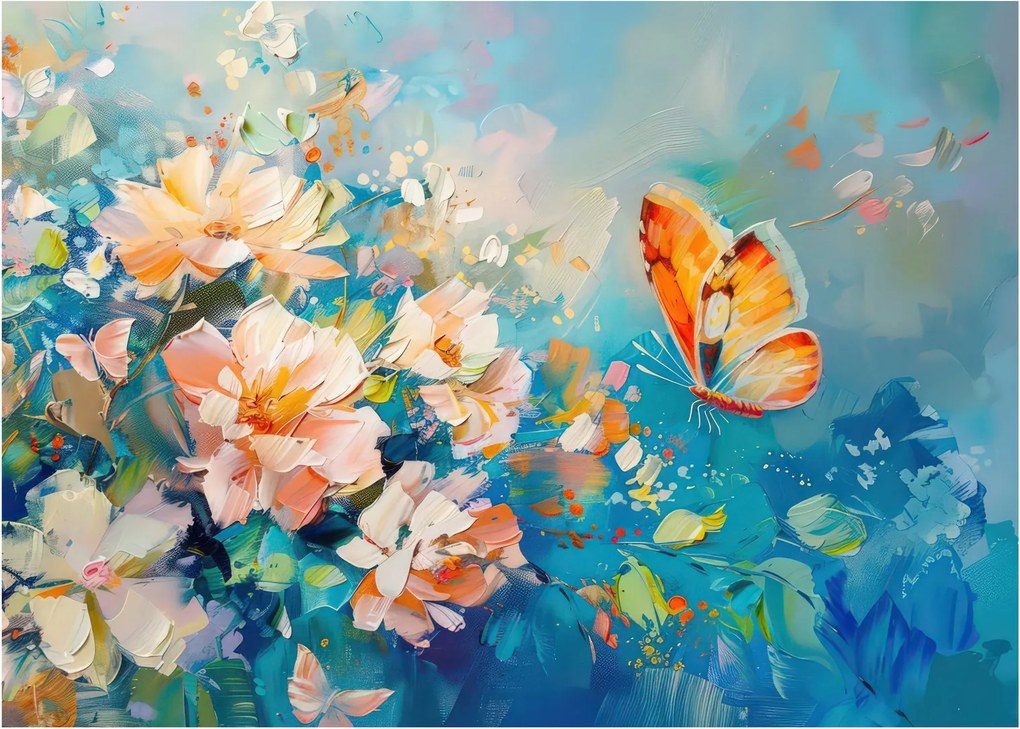 Obraz na szkle - Motyl i kwiaty, obraz olejny II. (70x50 cm)
