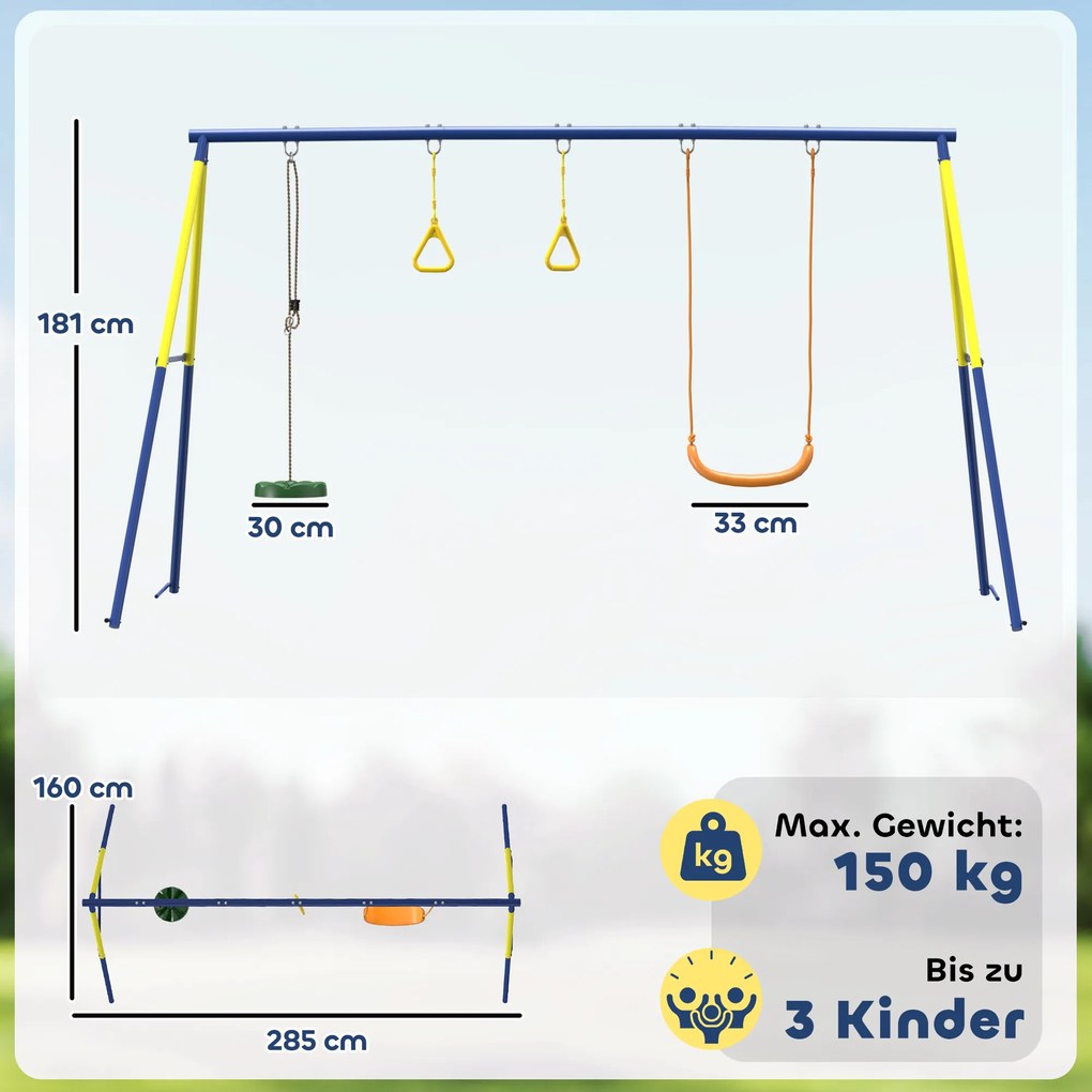 AIYAPLAY Stelaż huśtawki do 150 kg 3-w-1 huśtawka klasyczna, obręcze gimnastyczne, huśtawka stojąca, 285x160x181 cm | Aosom PL